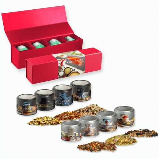 Verschiedene Weihnachts Gewürzmischungen, ca. 120-140g, Geschenk-Set Premium rot mit Magnetverschluss und 4 Metalldosen Mini mit Sichtfenste (Bild 1)