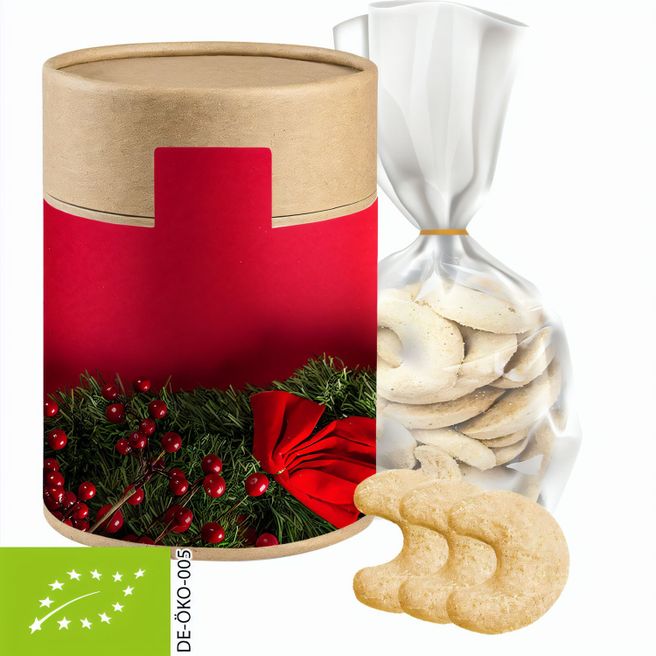 Produktabbildung Bio Vanillekipferl, ca. 100g, Beutel in Kraftpapierdose Maxi Bio Vanillekipferl, ca. 100g, Beutel in Kraftpapierdose Maxi