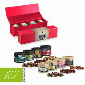 Verschiedene Weihnachts Teesorten, Bio und nicht-Bio, ca. 80-120g, Geschenk-Set Premium rot mit Magnetverschluss und 4 Kraftpapierdosen Mini