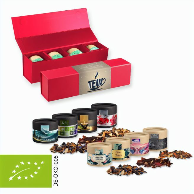 Verschiedene Weihnachts Teesorten, Bio und nicht-Bio, ca. 80-120g, Geschenk-Set Premium rot mit Magnetverschluss und 4 Kraftpapierdosen Mini