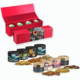 Verschiedene Weihnachts Gewürzmischungen, ca. 80-160g, Geschenk-Set Premium rot mit Magnetverschluss und 4 Kraftpapierdosen Mini