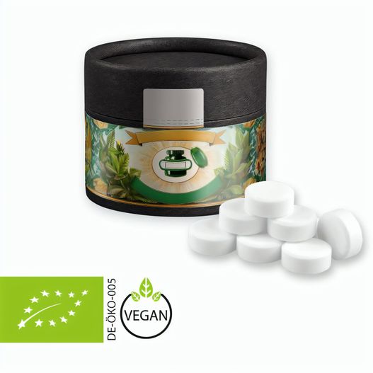 Produktabbildung Bio Pfefferminz Drops, ca. 40g, Kraftpapierdose Mini schwarz Bio Pfefferminz Drops, ca. 40g, Kraftpapierdose Mini schwarz (Bild 1)