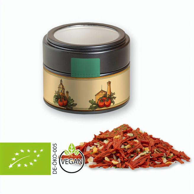 Produktabbildung Bio Gewürzmischung Toskanische Bruchetta, ca. 40g, Metalldose Mini mit Sichtfenster schwarz Bio Gewürzmischung Toskanische Bruchetta, ca. 40g, Metalldose Mini mit Sichtfenster schwarz