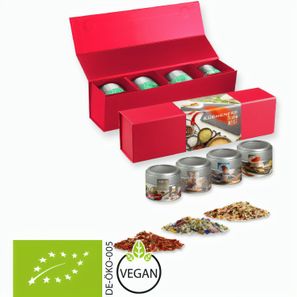 verschiedene Gewürzmischungen Bio und nicht Bio (Kategorie 1), ca. 160-440g, Geschenk-Set Premium rot mit Magnetverschluss und 4 Metalldosen Mini mit Sichtfenste