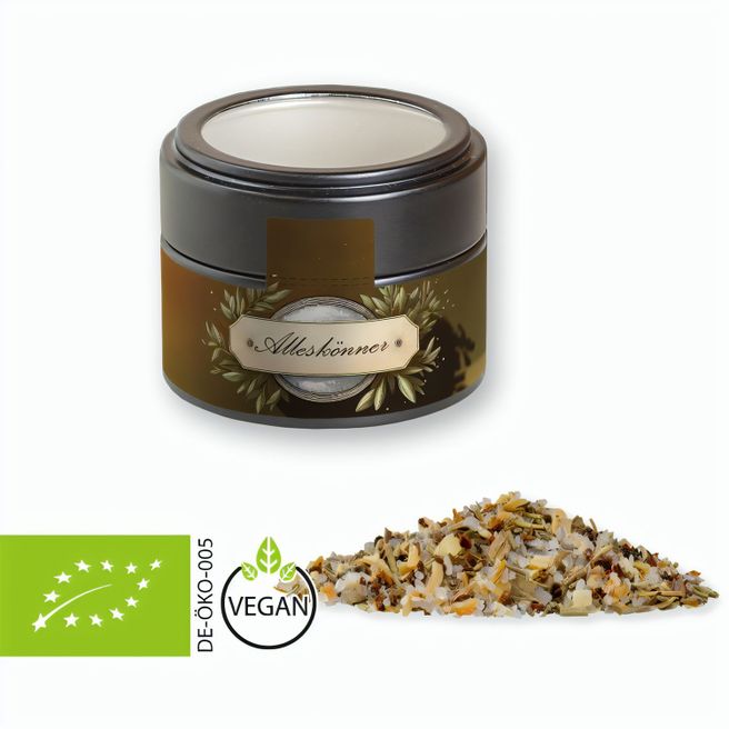 Produktabbildung Bio Gewürzmischung Alleskönner, ca. 60g, Metalldose Mini mit Sichtfenster schwarz Bio Gewürzmischung Alleskönner, ca. 60g, Metalldose Mini mit Sichtfenster schwarz