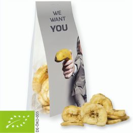 Bio Bananenchips, ca. 25g, Express Blockbodenbeutel mit Werbereiter