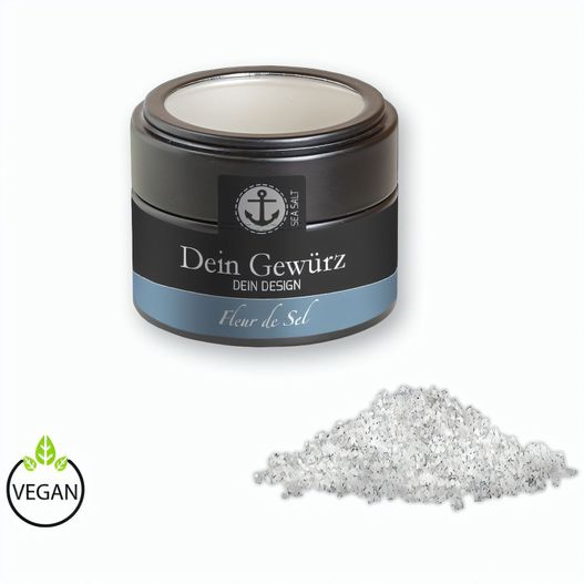 Produktabbildung Fleur de Sel, ca. 50g, Metalldose Mini mit Sichtfenster schwarz Fleur de Sel, ca. 50g, Metalldose Mini mit Sichtfenster schwarz (Bild 1)