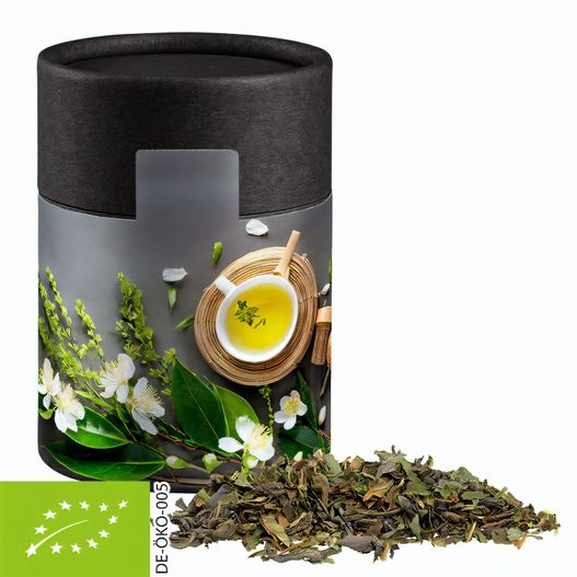 Produktabbildung Bio Grüner Tee mit Minze, ca. 30g, Kraftpapierdose Midi schwarz Bio Grüner Tee mit Minze, ca. 30g, Kraftpapierdose Midi schwarz (Bild 1)