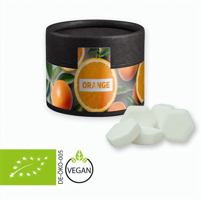 Bio Traubenzucker Orange Drops, ca. 40g, Kraftpapierdose Mini schwarz
