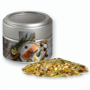 Weihnachts Gewürzmischung Fisch, ca. 55g, Metalldose Mini mit Sichtfenster silber