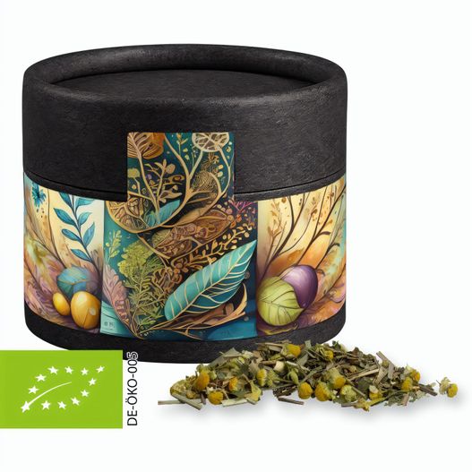 Produktabbildung Bio Kräutertee Kräuterfantasie, ca. 9g, Kraftpapierdose Mini schwarz Bio Kräutertee Kräuterfantasie, ca. 9g, Kraftpapierdose Mini schwarz (Bild 1)