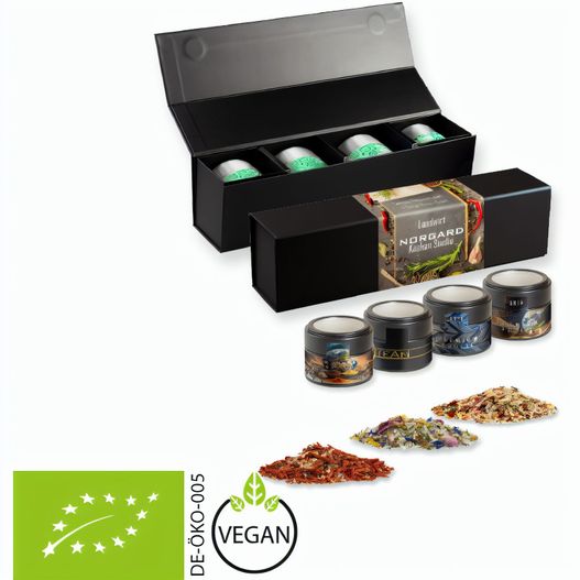 verschiedene Gewürzmischungen Bio und nicht Bio (Kategorie 2), ca. 64-260g, Geschenk-Set Premium schwarz mit Magnetverschluss und 4 Metalldosen Mini mit Sichtfenster (Bild 1)
