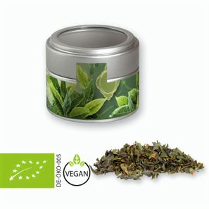 Bio Grüner Tee mit Minze, ca. 18g, Metalldose Mini mit Sichtfenster silber