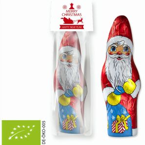 Bio Schoko Weihnachtsmann, ca. 75g, Blockbodenbeutel mit Werbereiter