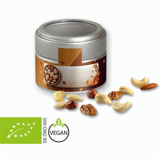 Produktabbildung Bio NusskernMix, ca. 60g, Metalldose Mini mit Sichtfenster silber Bio NusskernMix, ca. 60g, Metalldose Mini mit Sichtfenster silber (Bild 1)