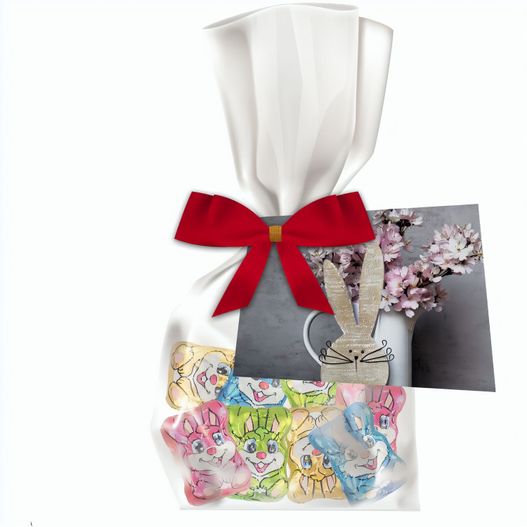 Schoko-Hasen Mix, ca. 24g, Express Flachbeutel mit Schleife mit Werbekarte (Bild 1)