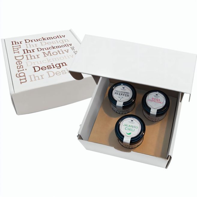Geschenkkarton mit 3 Gourmet Gewürzen im Glas