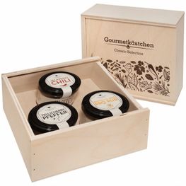 Gourmetkästchen mit 3 Gourmet Gewürzen im Glas