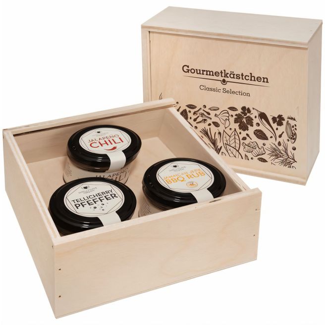 Gourmetkästchen mit 3 Gourmet Gewürzen im Glas