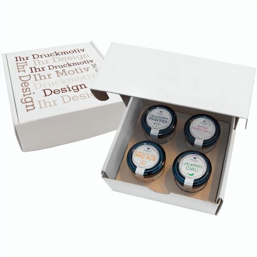 Produktabbildung Geschenkkarton mit 4 Gourmet Gewürzen im Glas Geschenkkarton mit 4 Gourmet Gewürzen im Glas (Bild 1)