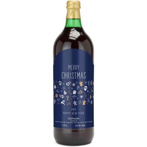 Glühwein - Flasche grün, 1 l - Motiv: Merry Christmas (blau)