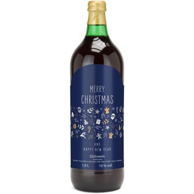 Produktabbildung Glühwein - Flasche grün, 1 l - Motiv: Merry Christmas (blau) Glühwein - Flasche grün, 1 l - Motiv: Merry Christmas (blau)