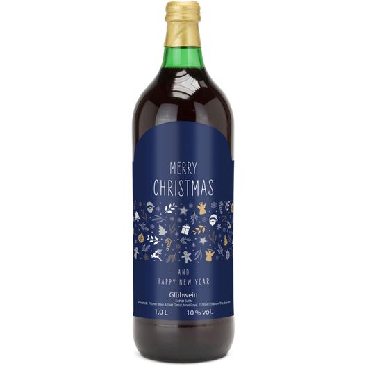 Glühwein - Flasche grün, 1 l - Motiv: Merry Christmas (blau) (Bild 1)