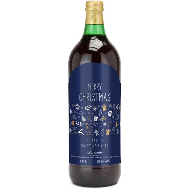 Glühwein - Flasche grün, 1 l - Motiv: Merry Christmas (blau)