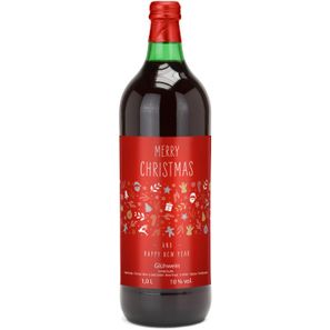 Glühwein - Flasche grün, 1 l - Motiv: Merry Christmas (rot)