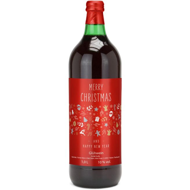 Produktabbildung Glühwein - Flasche grün, 1 l - Motiv: Merry Christmas (rot) Glühwein - Flasche grün, 1 l - Motiv: Merry Christmas (rot)