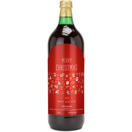 Glühwein - Flasche grün, 1 l - Motiv: Merry Christmas (rot)