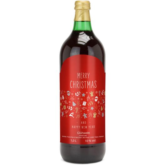 Glühwein - Flasche grün, 1 l - Motiv: Merry Christmas (rot) (Bild 1)