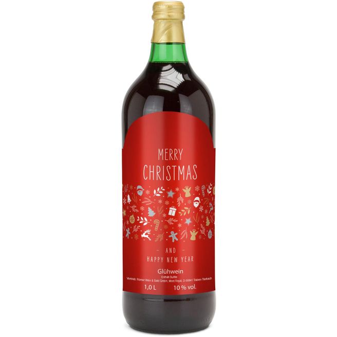 Produktabbildung Glühwein - Flasche grün, 1 l - Motiv: Merry Christmas (rot) Glühwein - Flasche grün, 1 l - Motiv: Merry Christmas (rot)