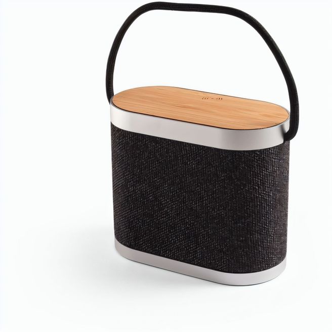 Produktabbildung GUETTA. Tragbarer 5W-Lautsprecher mit superschnellem kabellosem 15W-Ladegerät und 2h Akkulaufzeit aus Bambus und Recyceltes PET (100% rPET) GUETTA. Tragbarer 5W-Lautsprecher mit superschnellem kabellosem 15W-Ladegerät und 2h Akkulaufzeit aus Bambus und Recyceltes PET (100% rPET)