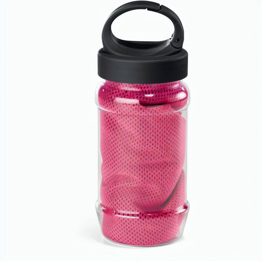 ARTX PLUS. Sporthandtuch aus Polyamid und Polyester mit Flasche (440 mL) aus PP und PET und einem integrierten Karabinerhaken am Deckel (Bild 1)