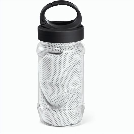 Produktabbildung ARTX PLUS. Sporthandtuch aus Polyamid und Polyester mit Flasche (440 mL) aus PP und PET und einem integrierten Karabinerhaken am Deckel ARTX PLUS. Sporthandtuch aus Polyamid und Polyester mit Flasche (440 mL) aus PP und PET und einem integrierten Karabinerhaken am Deckel (Bild 1)