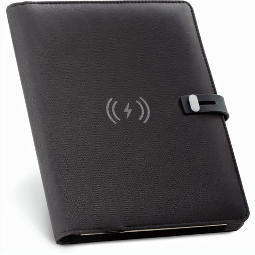 EMERGE A5 FOLDER. A5 Mappe aus 300D recyceltem Polyester (100% rPET) mit kabellosem Ladegerät (Bild 1)