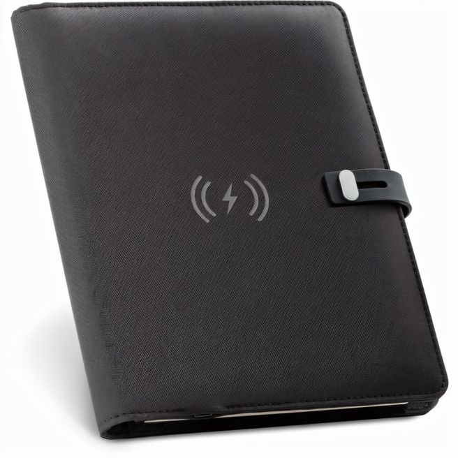 EMERGE A5 FOLDER. A5 Mappe aus 300D recyceltem Polyester (100% rPET) mit kabellosem Ladegerät