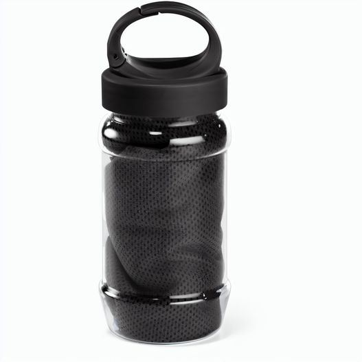 ARTX PLUS. Sporthandtuch aus Polyamid und Polyester mit Flasche (440 mL) aus PP und PET und einem integrierten Karabinerhaken am Deckel (Bild 1)