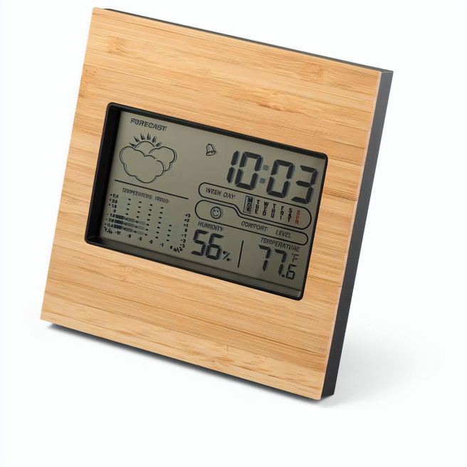 BROMLEY. Tischwetterstation mit LCD-Bildschirm aus ABS und Bambus