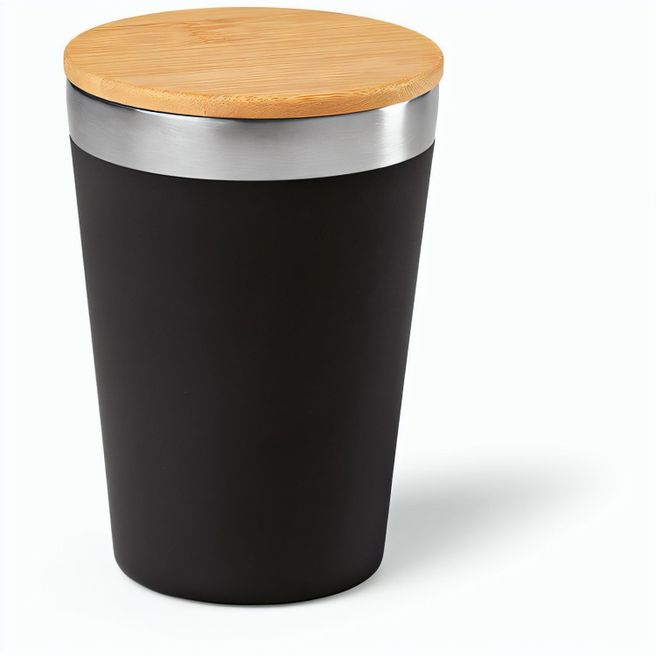 Produktabbildung Don Reisebecher recy.Edelstahl mit Bambusdeckel, 400 ml. Doppelwandig Don Reisebecher recy.Edelstahl mit Bambusdeckel, 400 ml. Doppelwandig
